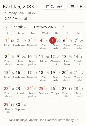 MitiBar's month view for Kartik 2083, with tithi under each day and today marked